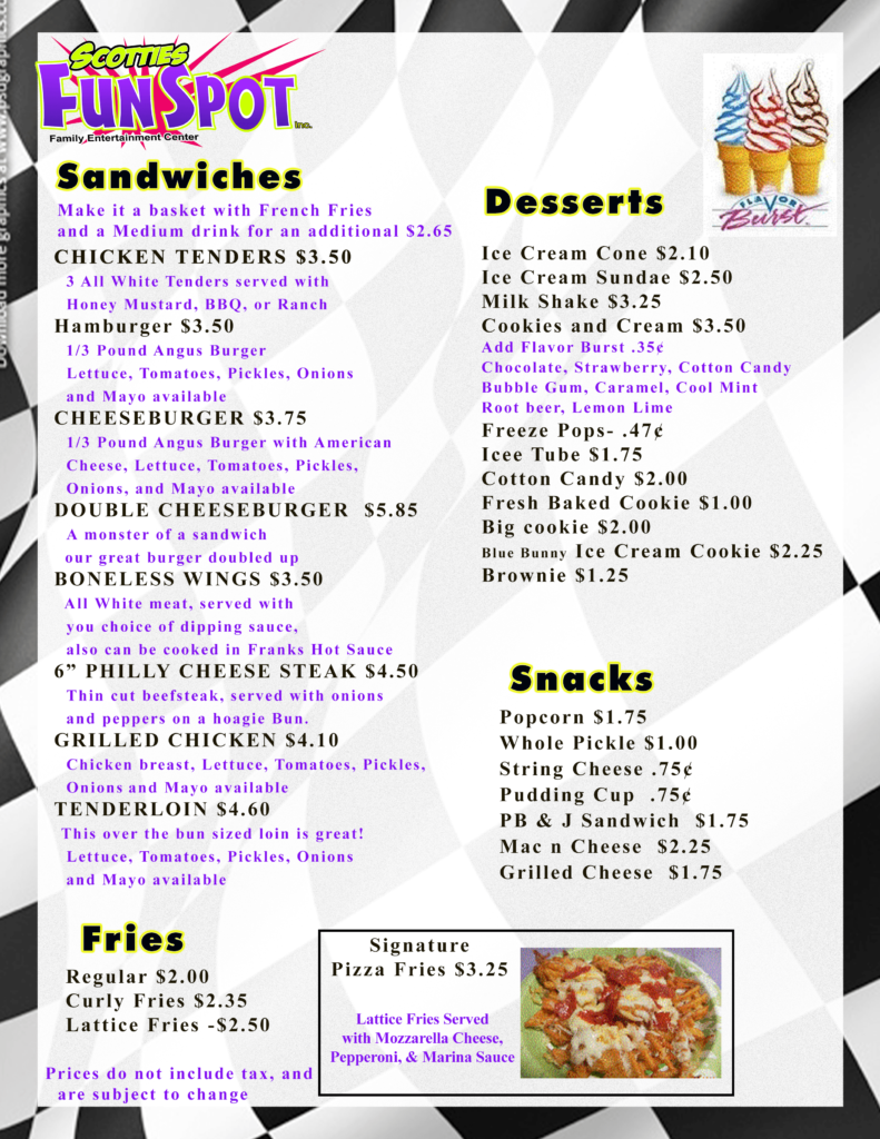 menu front - Scotties Fun Spot - Quincy IL - Fun Times