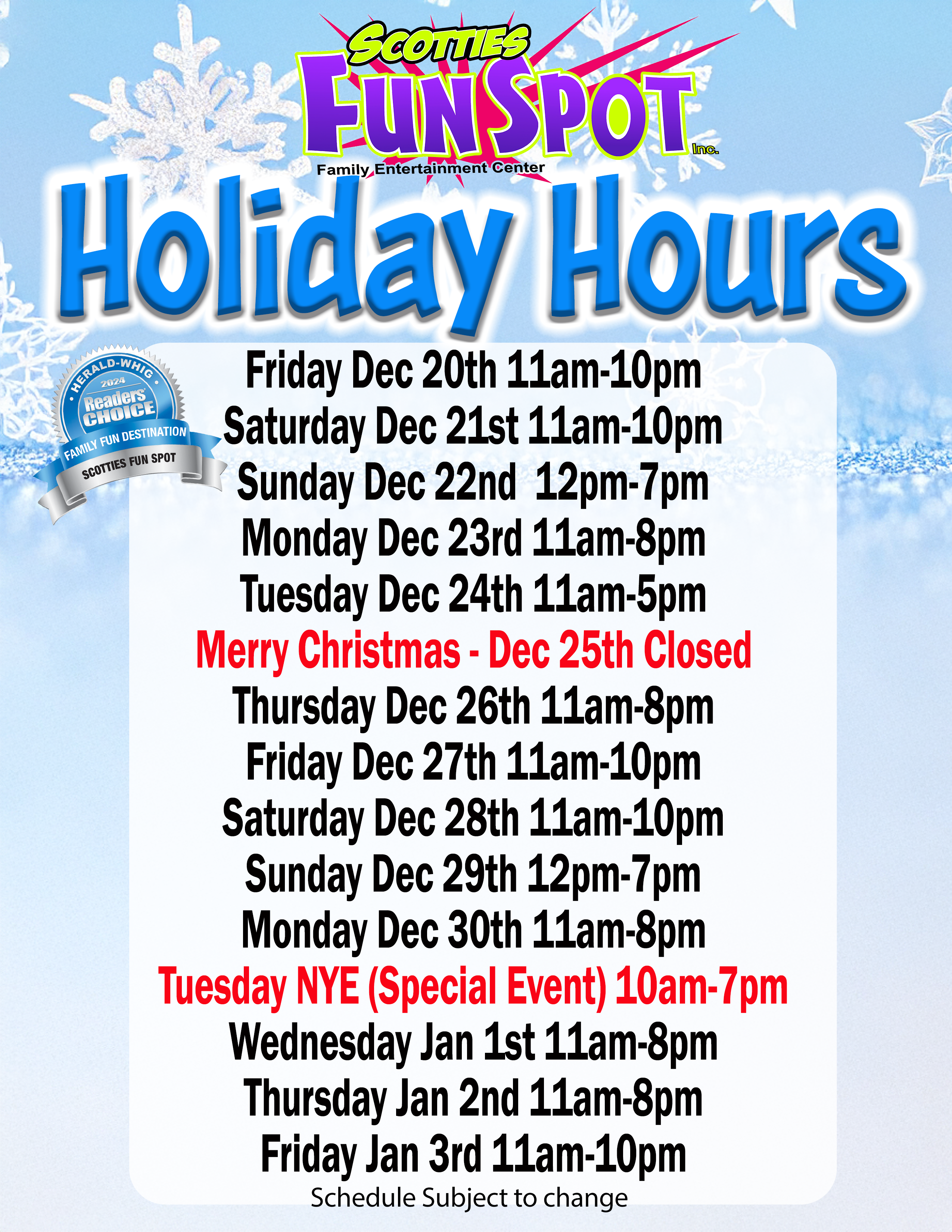 Christmas Break Hours 2024 at Scotties Fun Spot